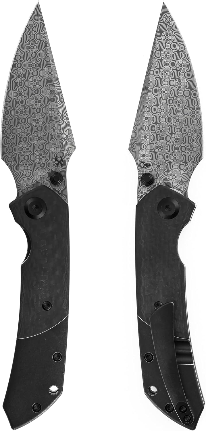 KANSEPT Fenrir Pocket Knife, 3.48' Damascus Blade with Twill Carbon Fiber Handle, Liner Lock and Thumb Stud, Lightweight EDC Tool for Camping, Outdoor Use and Everyday Carry, Gift for Men K1034D1