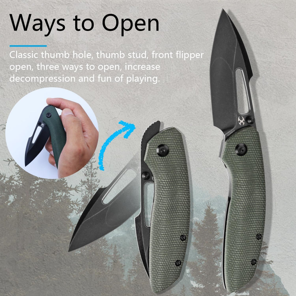KANSEPT Link Pocket Folding Knives EDC Camping Hiking Folding Knife for Men Women 3'' Blackwash CPM 20CV Blade with Green Micarta Blackwash Titanium with Frag Pattern Handle Everyday Carry K1068A1