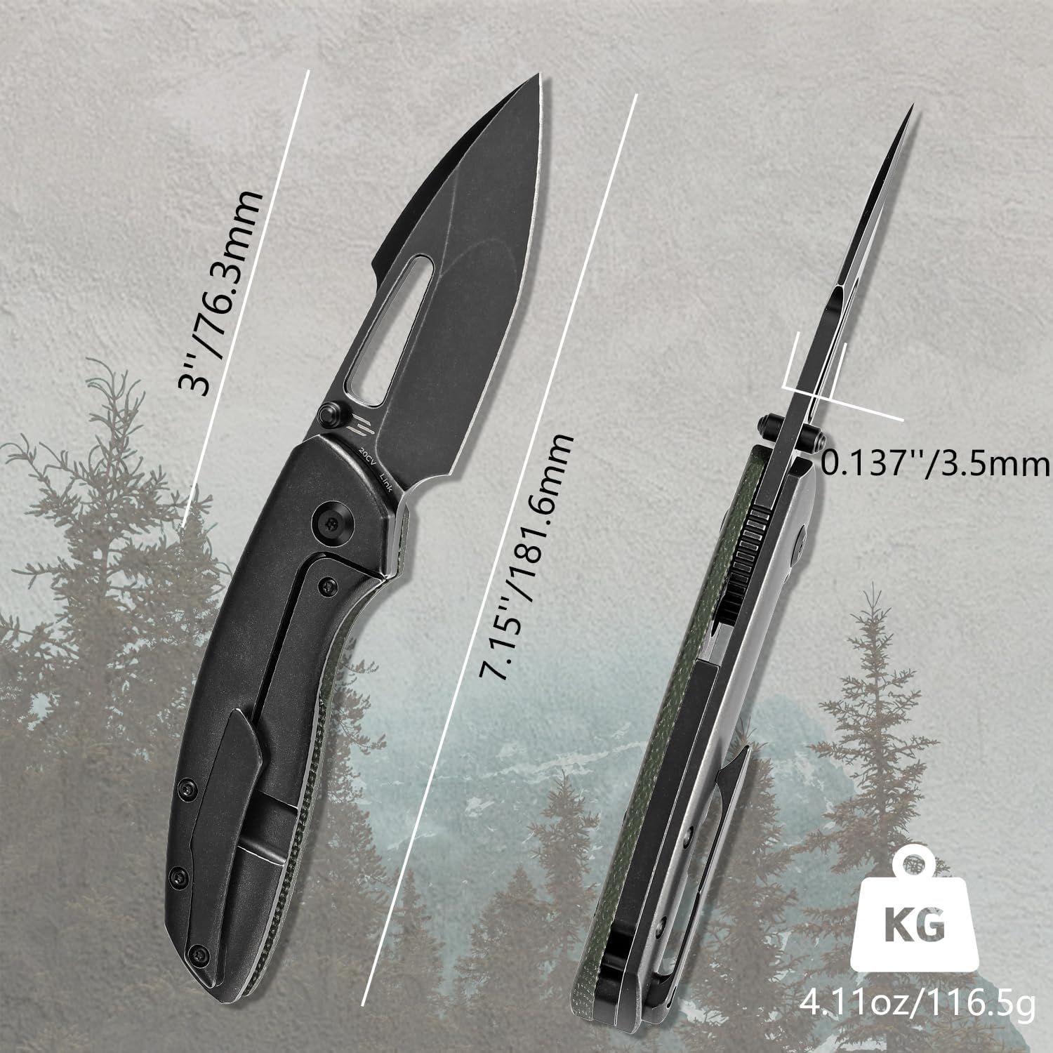 KANSEPT Link Pocket Folding Knives EDC Camping Hiking Folding Knife for Men Women 3'' Blackwash CPM 20CV Blade with Green Micarta Blackwash Titanium with Frag Pattern Handle Everyday Carry K1068A1