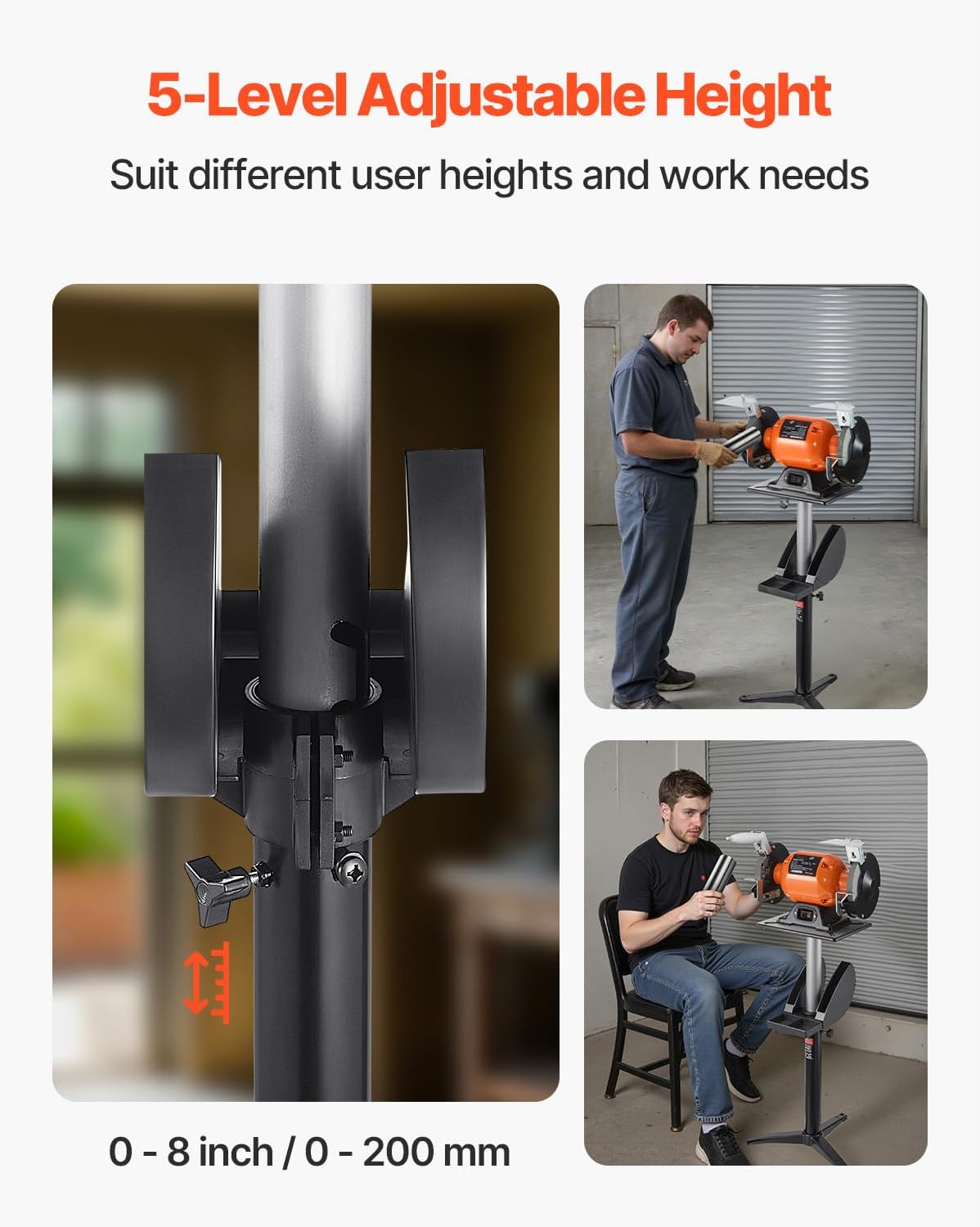 Happybuy Adjustable Bench Grinder Stand – 5-Level Height Pedestal with 12x10 Mounting Plate, Cast Iron Base & Grinding Wheel Storage Compartment
