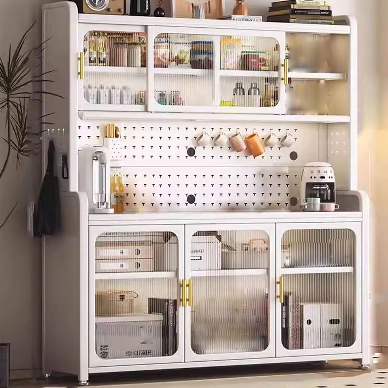 Microwave Stand with Storage Cabinet White Available in Carbon Steel Bread Rack Coffee Station Microwave Rack Storage Rack for Dishes Wine Pots(Size:148.8 * 36.6 * 185.4cm)