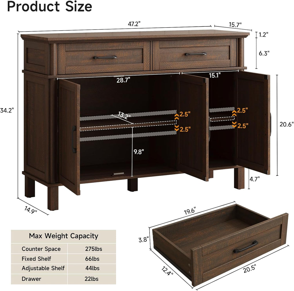 ONBRILL 48 Inch Buffet Cabinet with Storage, Farmhouse Sideboard Buffet w/2 Drawers and 3 Doors, Wood Coffee Bar Cabinet with Adjustable Shelves, Sideboard Storage for Kitchen, Living Room, Brown