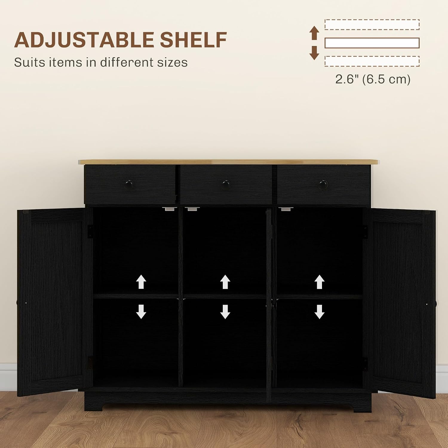 HOMCOM Sideboard Buffet Cabinet with Solid Wood Countertop, Modern Kitchen Storage Cabinet, Coffee Bar Cabinet with 3 Drawers, Doors and Adjustable Shelf, Distressed Black