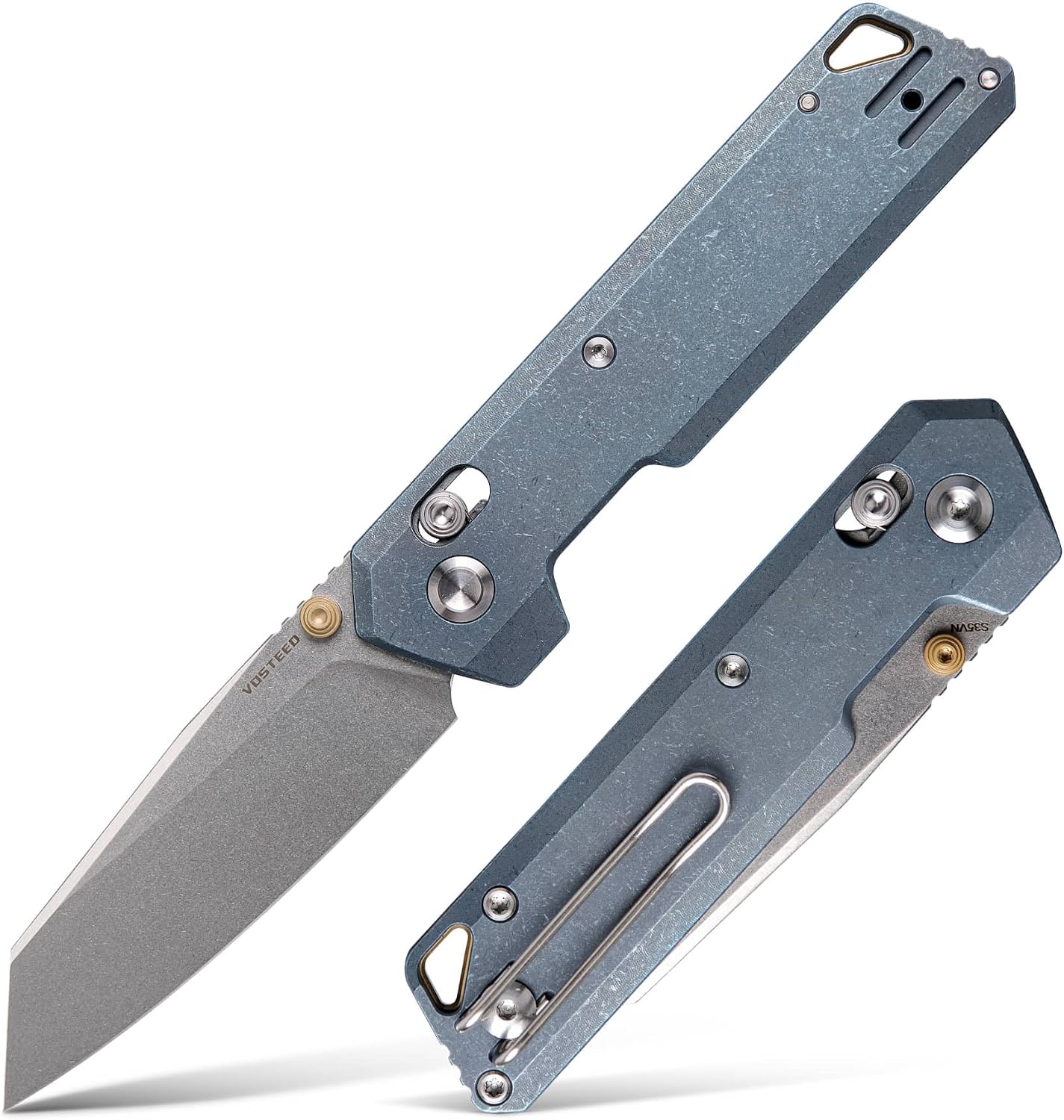Vosteed Ultra Thin EDC Pocket Knife for Men & Women, 2.9' S35VN Blade, Golden Thumb Stud, Crossbar Lock Titanium Handle Folding Knives | Reversible Clip - Parallel A3504