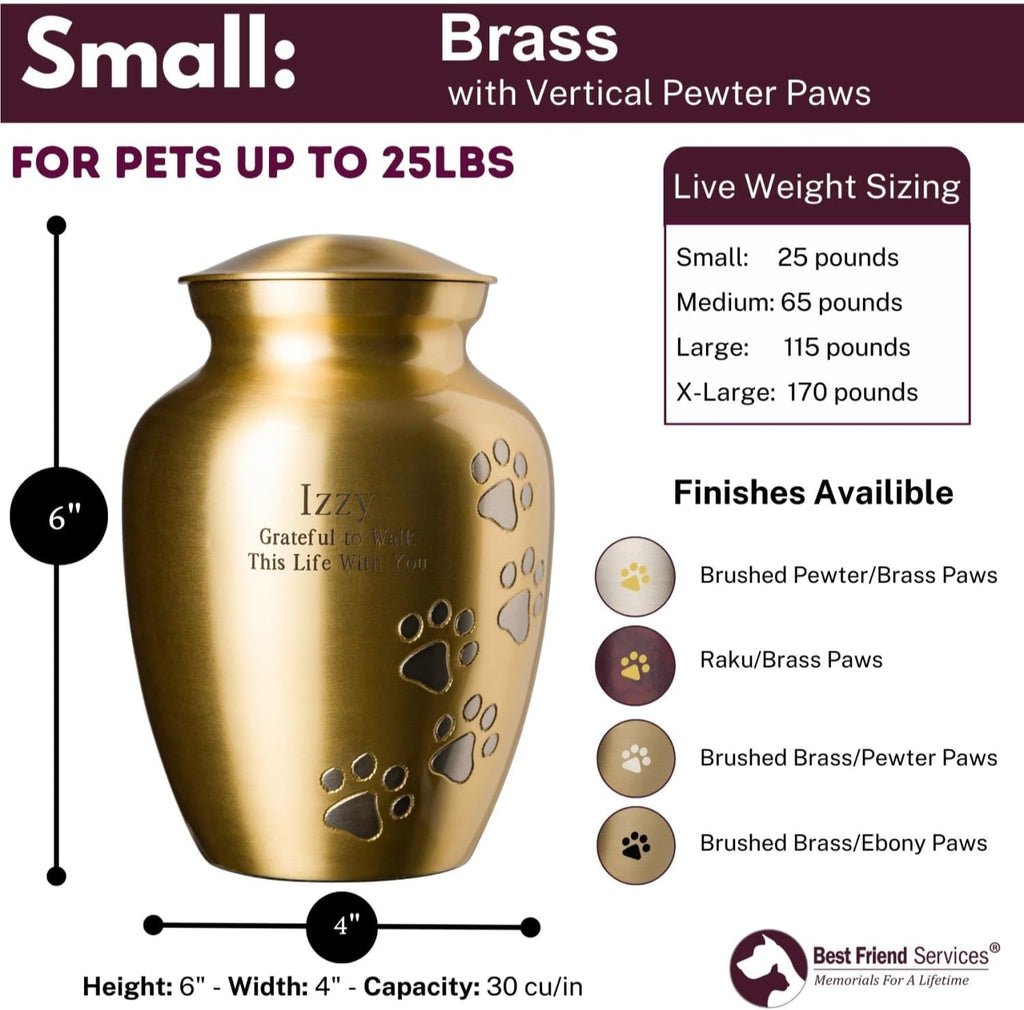 Ottillie Paws Elite Series Pet Urn for Dogs and Cats with Personalized Engraving (Small - Pets up to 25 lbs, Brass, Vertical Pewter Paws)