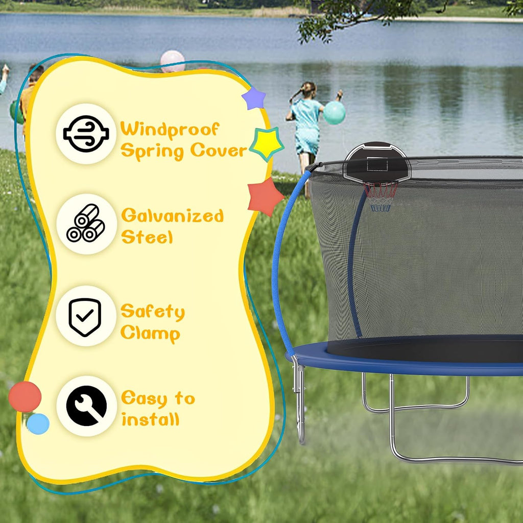 14FT Tranpoline for Kids with Safety Enclosure Net Recreational Round Tranpoline with Basketball Hoop ASTM Approval Backyard Outdoor Tranpoline with Spring Pad Cover & Ladder