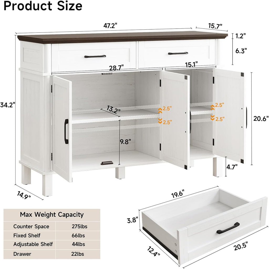 48 Inches Buffet Cabinet with Storage, Farmhouse Sideboard Buffet w/2 Drawers and 3 Doors, Wood Coffee Bar Cabinet with Adjustable Shelves, Sideboard Storage for Kitchen, Living Room, Off White
