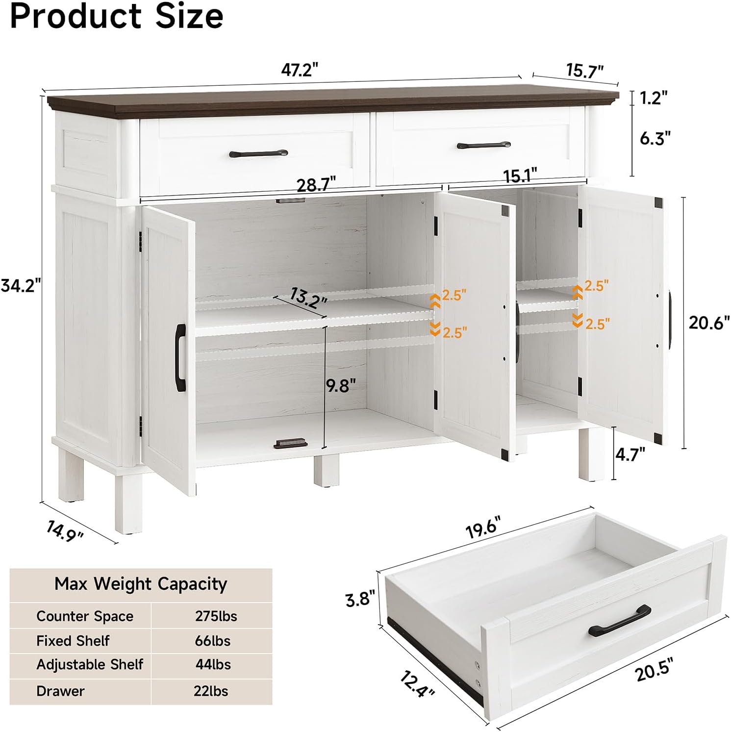 48 Inches Buffet Cabinet with Storage, Farmhouse Sideboard Buffet w/2 Drawers and 3 Doors, Wood Coffee Bar Cabinet with Adjustable Shelves, Sideboard Storage for Kitchen, Living Room, Off White