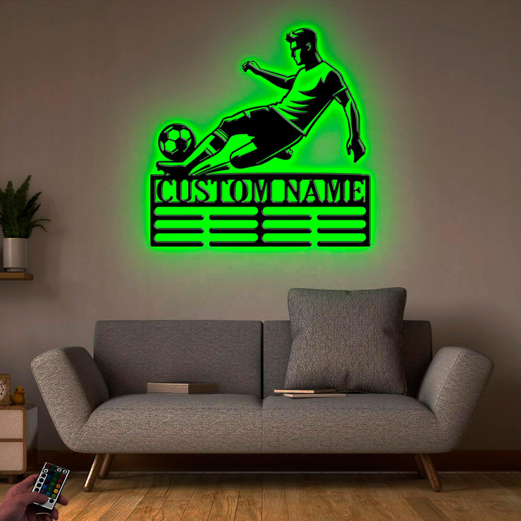 Custom Soccer Medal Holder LED Light, Soccer Player Name Medal Hanger Display, Rack For Tiered Award Ribbon, Metal Sign Gift For Athlete Artwork