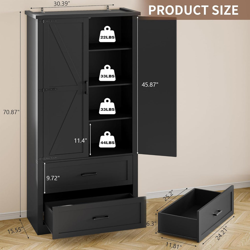 BORNOON Pantry Organizers and Storage Cabinet, 71' Barn Door White Kitchen Cabinet with Drawers and Adjustable Shelf, Tall Pantry for Kitchen, Dining Room, Living Room. Bathroom and Office
