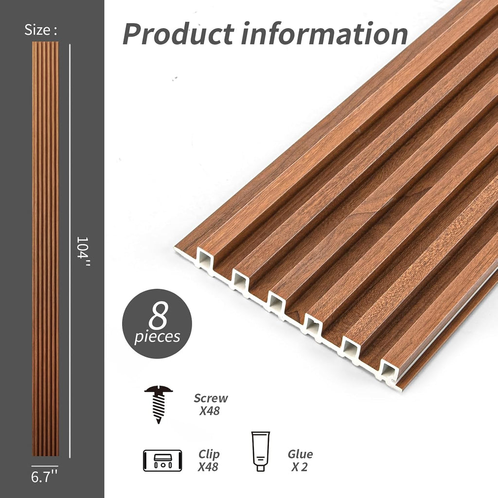 Art3dwallpanels Wood Slat Wall Paneling, 104'' x 6.7'' WPC Soundproof 3D Wall Panels for Interior Wall Decor, 8 Pack Fluted Textured Panel Wall Slats, Teak