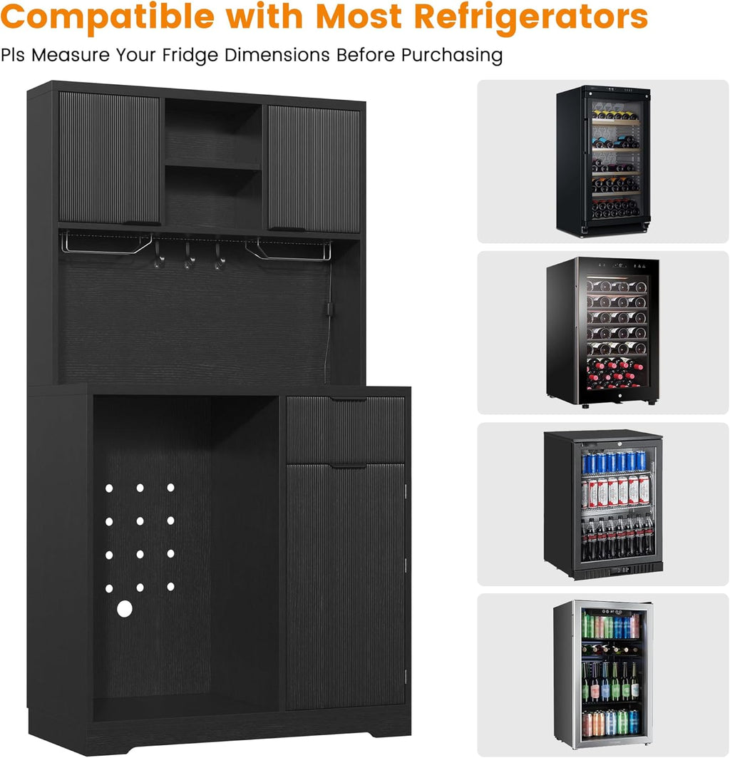 kepptory 72' Mini Fridge Cabinet with Storage, Coffee Bar Cabinet with Mini Fridge, Tall Coffee Bar Station with RGB LED Light, Wine Glass Holder, for Home Kitchen Living Room, Black