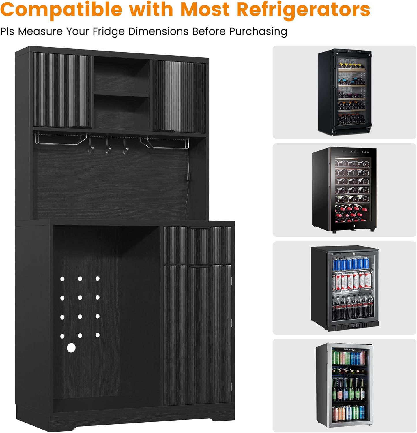 kepptory 72' Mini Fridge Cabinet with Storage, Coffee Bar Cabinet with Mini Fridge, Tall Coffee Bar Station with RGB LED Light, Wine Glass Holder, for Home Kitchen Living Room, Black
