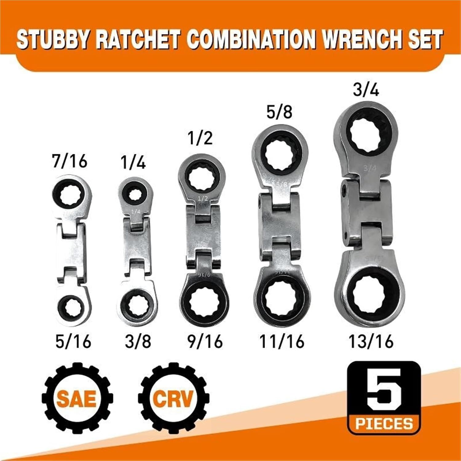 1pc Stubby Wrenches Set, Flex Head Ratcheting Wrench Set Double Box End Ratchet Wrench SAE 1/4-3/4IN 5 Pieces