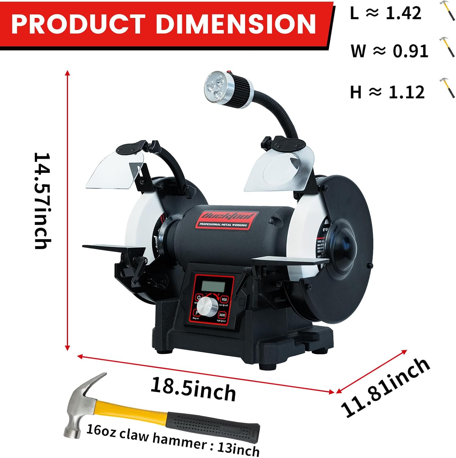 Bucktool 8' VFD Variable Speed Bench Grinder, 1HP Power Professional Wobble-free Wheel Grinder with High/Low Speed Switching for Knife, Metal