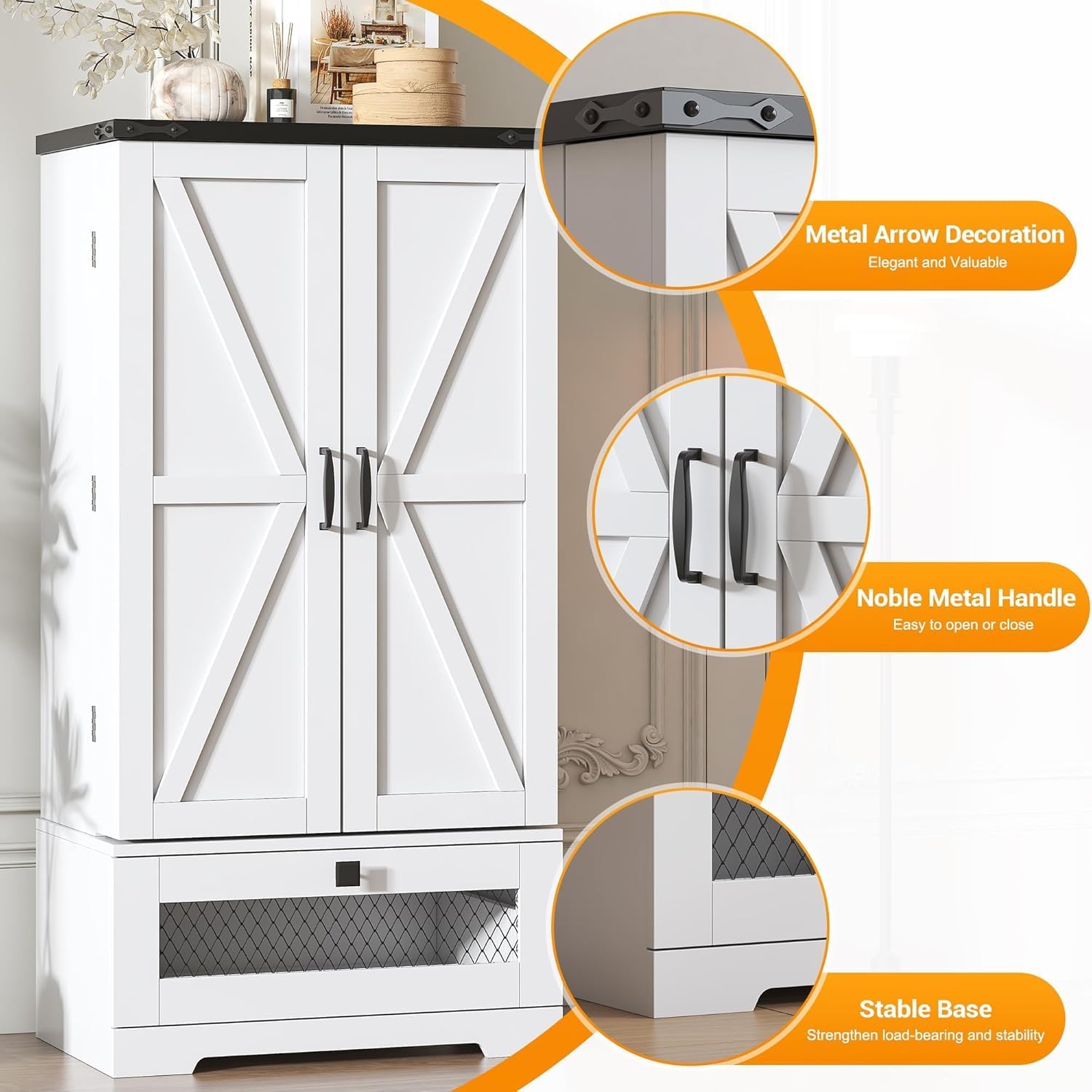 kepptory Farmhouse Pantry Cabinet with Barn Door & Adjustable Shelves, Freestanding Kitchen Storage Cabinet for Dining Room, Bathroom, Hallway (White)