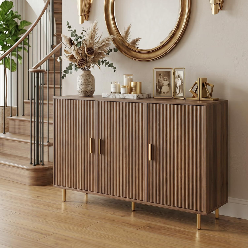 DIYART Rustic Brown Sideboard Buffet Cabinet, Accent Coffee Bar Cabinet with 3 Doors, Entryway Cabinet for Living Room, Kitchen, Hallway