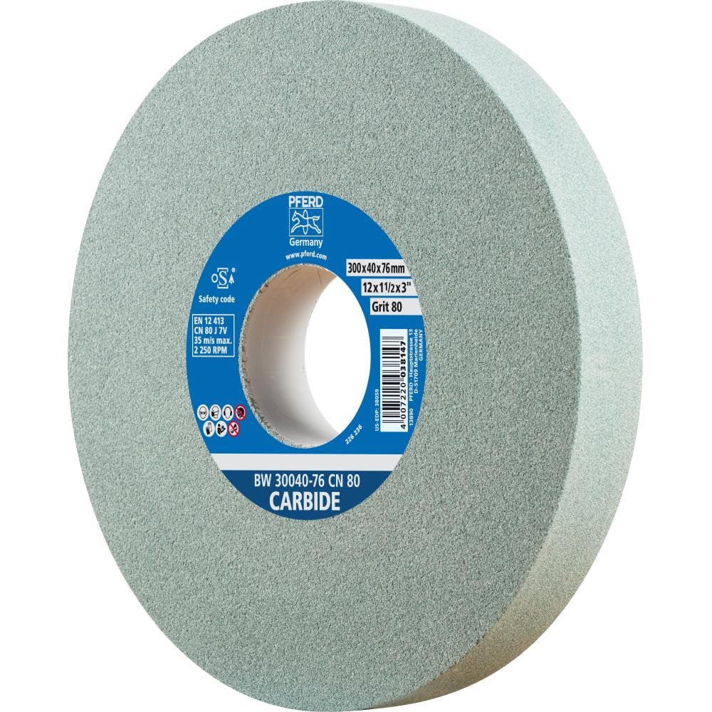 PFERD Vitrified Bench Grinding Wheel - Carbide, 12' Diameter, 1-1/2' Thick, 3' Arbor, 80 Grit, Silicon Carbide, for Carbide Tool Sharpening and Grinding - Part 61698
