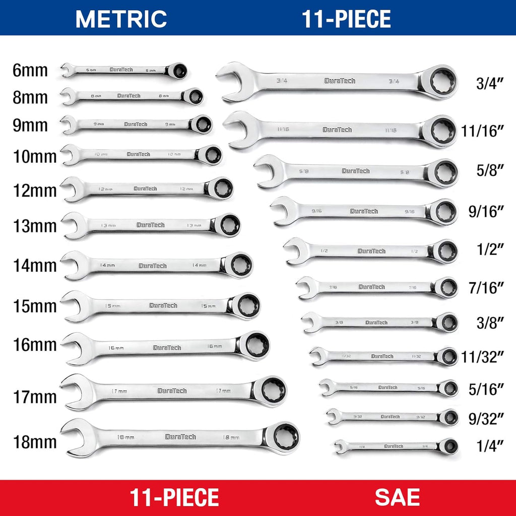 DURATECH Ratcheting Wrench Set, Anti-Slip Wrench Set, SAE & Metric, 44-piece, 1/4' to 3/4' & 6-18mm, CR-V Steel, with Pouch