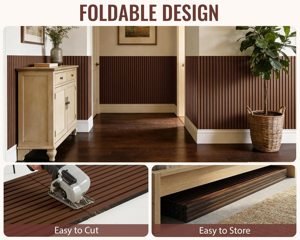 PrimeZone Wood Acoustic Wall Panels - 4 PCS 94.5' x 23.6' (62 sq ft) 3D Fluted Slat Sound Proof Wall Paneling, Sound Absorbing & Noise Reduction Interior Decor Panels for Living Room, Bedroom, Walnut