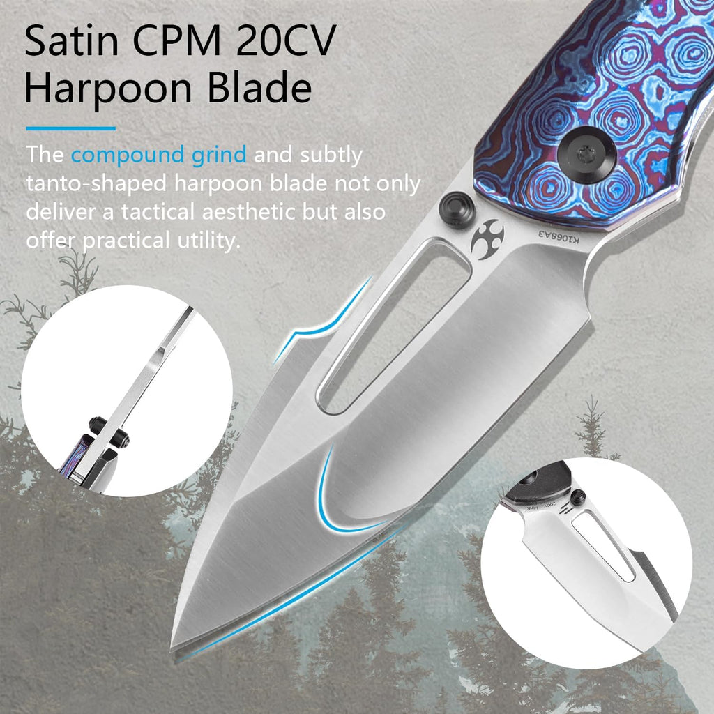 KANSEPT Link Pocket Folding Knives for Men EDC Camping Hiking Folding Knife for Men Women 3'' Satin CPM 20CV Blade Material Pocke Knife with Timascus + Blackwash Titanium Handle Everyday Carry K1068A3
