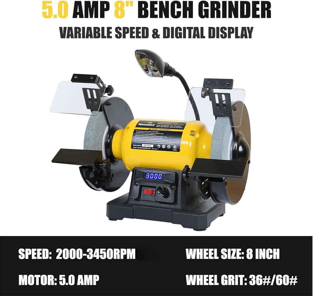 Digital Display 8 Inch Variable Speed Bench Grinder, 3/4HP 5.0 Amp Power Bench Grinder with Work Light, Adjustable Tool Rest and Cast Iron Base for Knife, Chisel