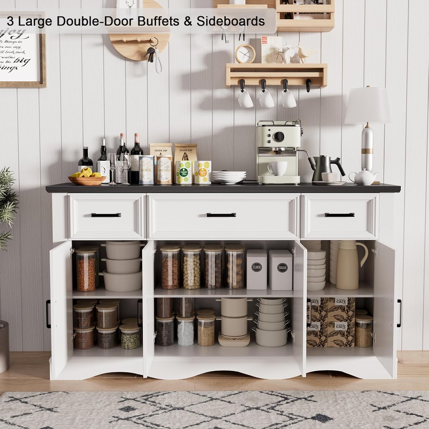 56' Buffet Cabinet Sideboard with Storage: Built-in Charging Station, Farmhouse Wood Coffee Wine Bar, Furniture with Drawers and Doors for Kitchen, Dining Room, Living Room, White
