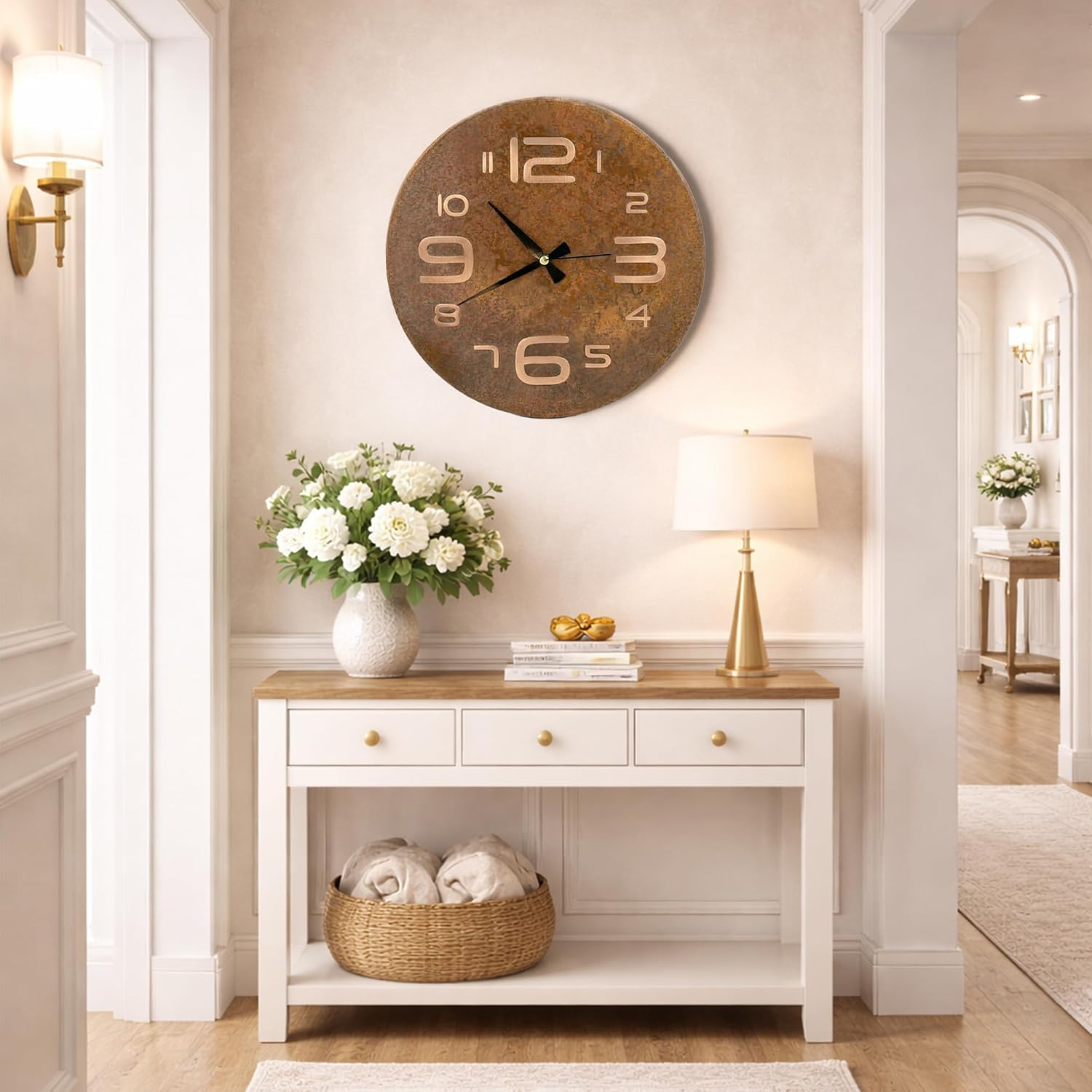 Handmade Pure Copper Wall Clock for Home Decoration, Decor Clock for Living Room, Bedroom and Kitchen, Rustic Decorative Mural Clock Art for Farmhouse (Big Numbers, 17.7)