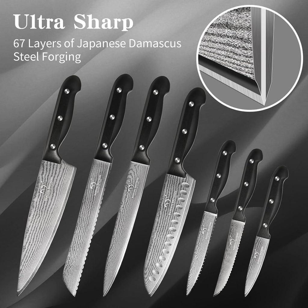 NANFANG BROTHERS 15-Piece Damascus Kitchen Knife Set, 67-Layer VG10 Japanese Steel, Professional Chef & Steak Knife Set with Compact Block, Triple-Riveted Handles (Hand-Wash Only)