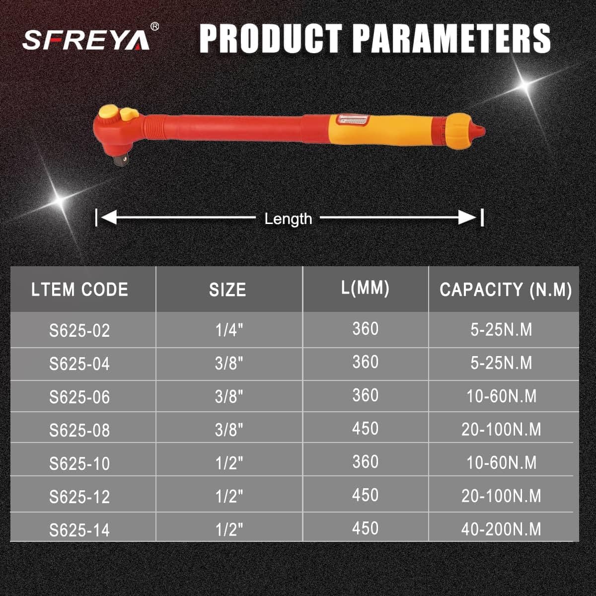VDE1000V Insulated Torque Wrench, ASTM F1505 OSHA NFPA 70E Compliant, IEC 60900, Adjustable Torque with Scale Display, Individual Traceable ID, S625 (3/8' '20-100N.M)