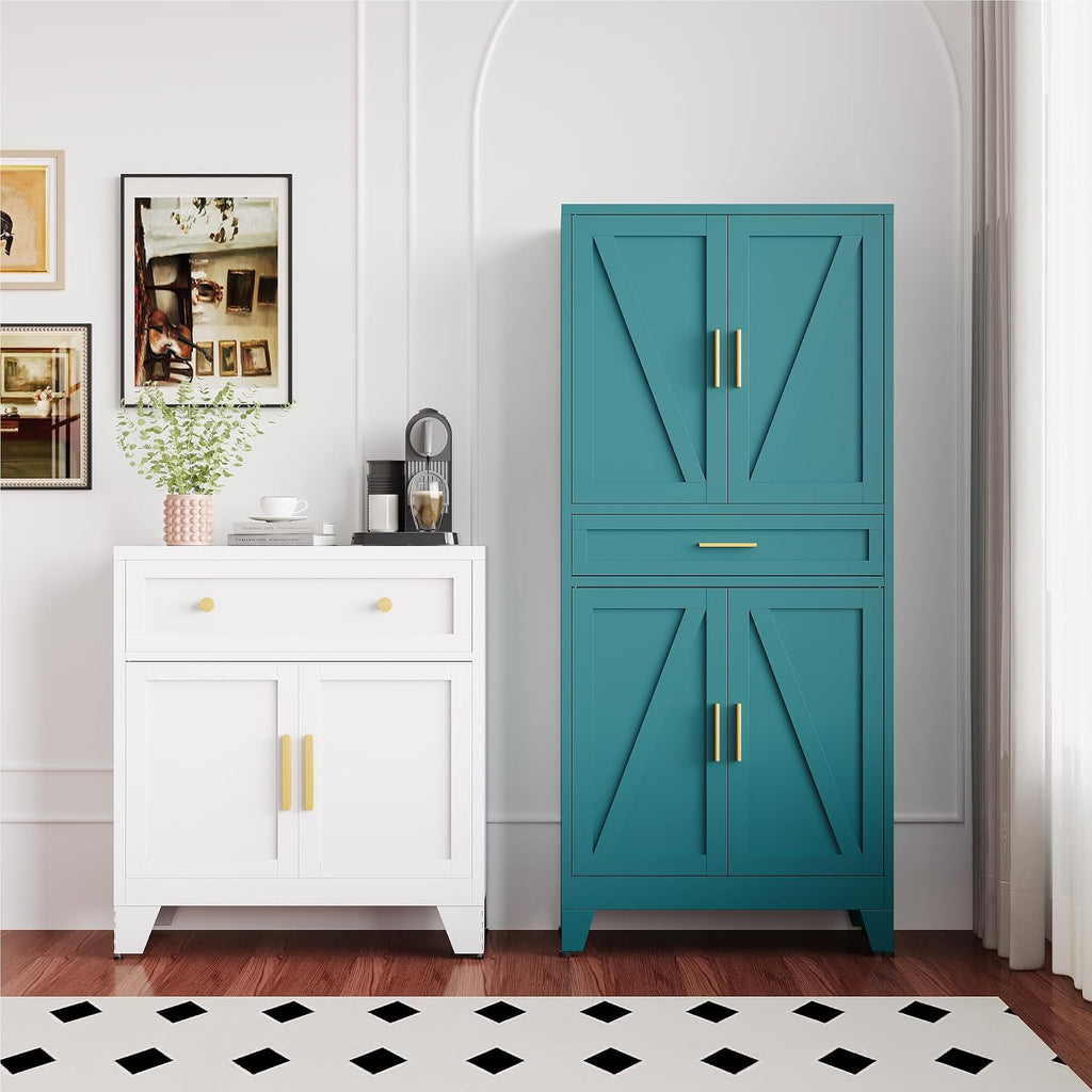QINPTWUT 71' Farmhouse Pantry Cabinet in Blue, with 4 Doors & Center Drawer, Tall Food Cabinet with Adjustable Shelves, Freestanding Steel Cupboard for Kitchen, Dining Room, Pantry, Garage