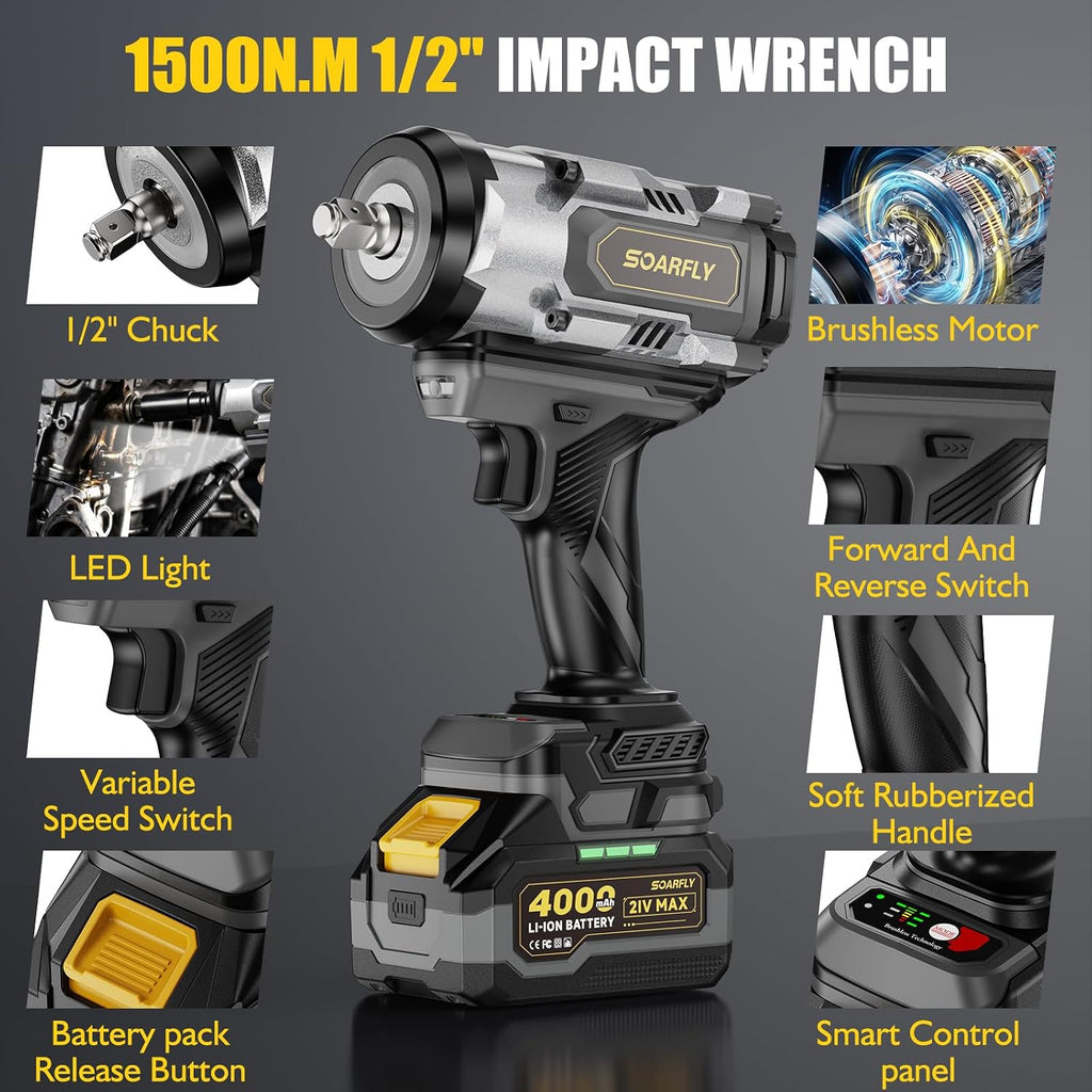 SOARFLY 1/2' Cordless Impact Wrench, 1500N.m (1106 Ft-Lbs) High Torque, 21V Brushless Impact Gun with 2x 4.0Ah Batteries, Variable Speed, LED Light, 5 Sockets for Truck RV Car Heavy Construction