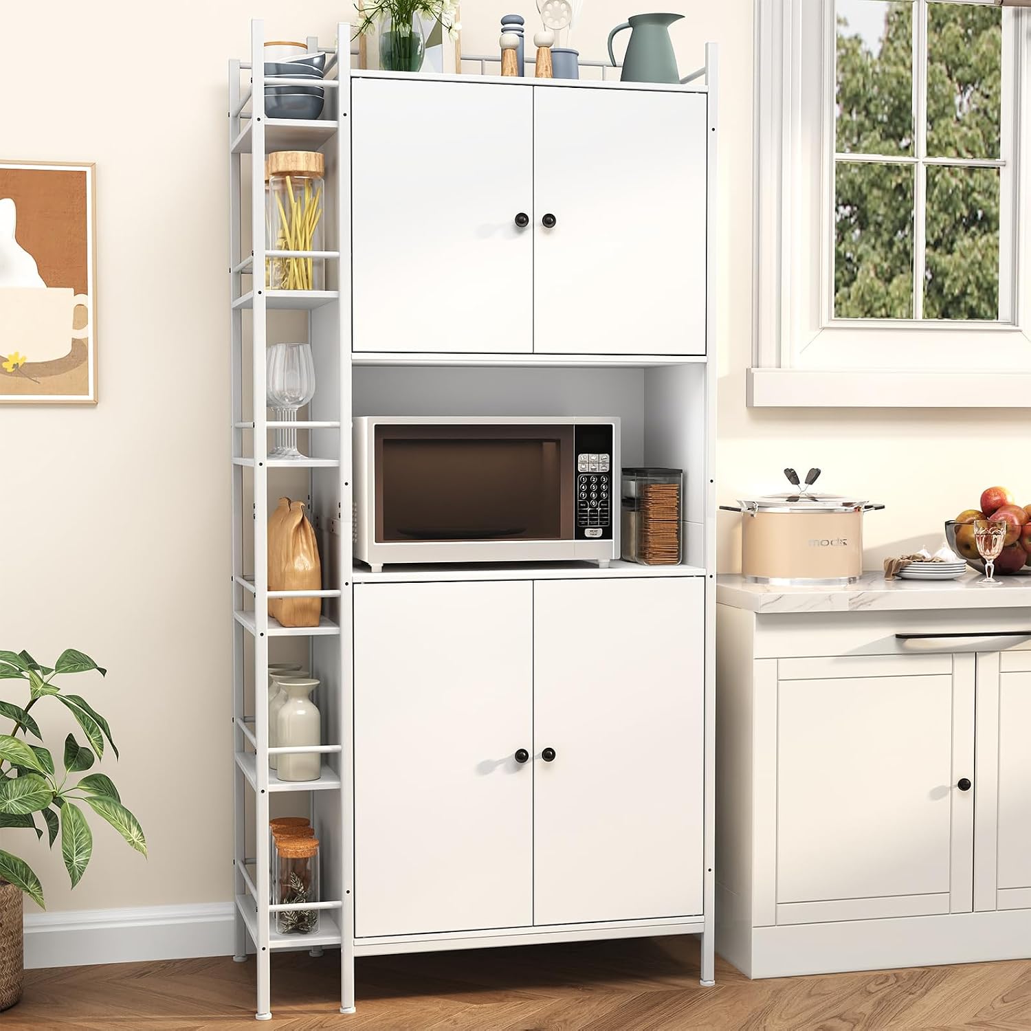 Industrial Style White Kitchen Pantry Cabinet, Tall Kitchen Hutch with Microwave Stand, Food Storage Cabinet with 6 Side Shelves and 2 Doors for Dining Room, and Living Room