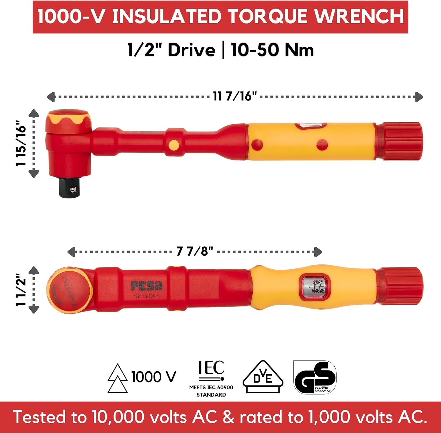 FESA Electrician Insulated Torque Wrench - 1000V Electrician Torque Wrench w/Easy Torque Adjustment & Scale Display - Each Insulated Wrench Has ID for Traceability (1/2' Drive, 10-50 Nm Range)