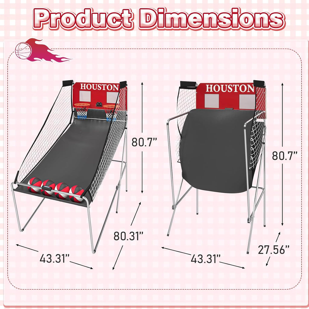 Basketball Arcade Game Indoor, Dual Shot Electronic Basketball with 8 Play Modes, LCD Score Display, and 4 Rubber Balls, Indoor Basketball Arcade Game for Home, Red
