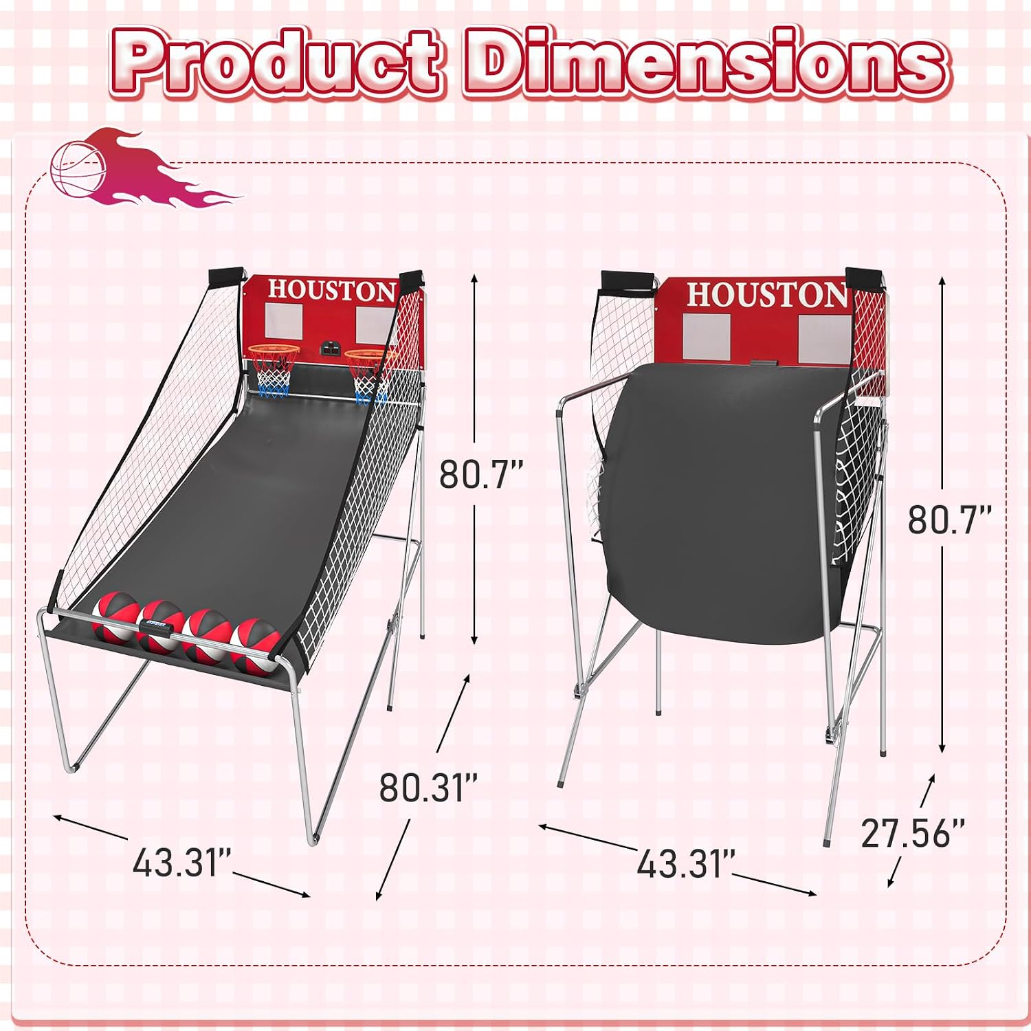 Basketball Arcade Game Indoor, Dual Shot Electronic Basketball with 8 Play Modes, LCD Score Display, and 4 Rubber Balls, Indoor Basketball Arcade Game for Home, Red
