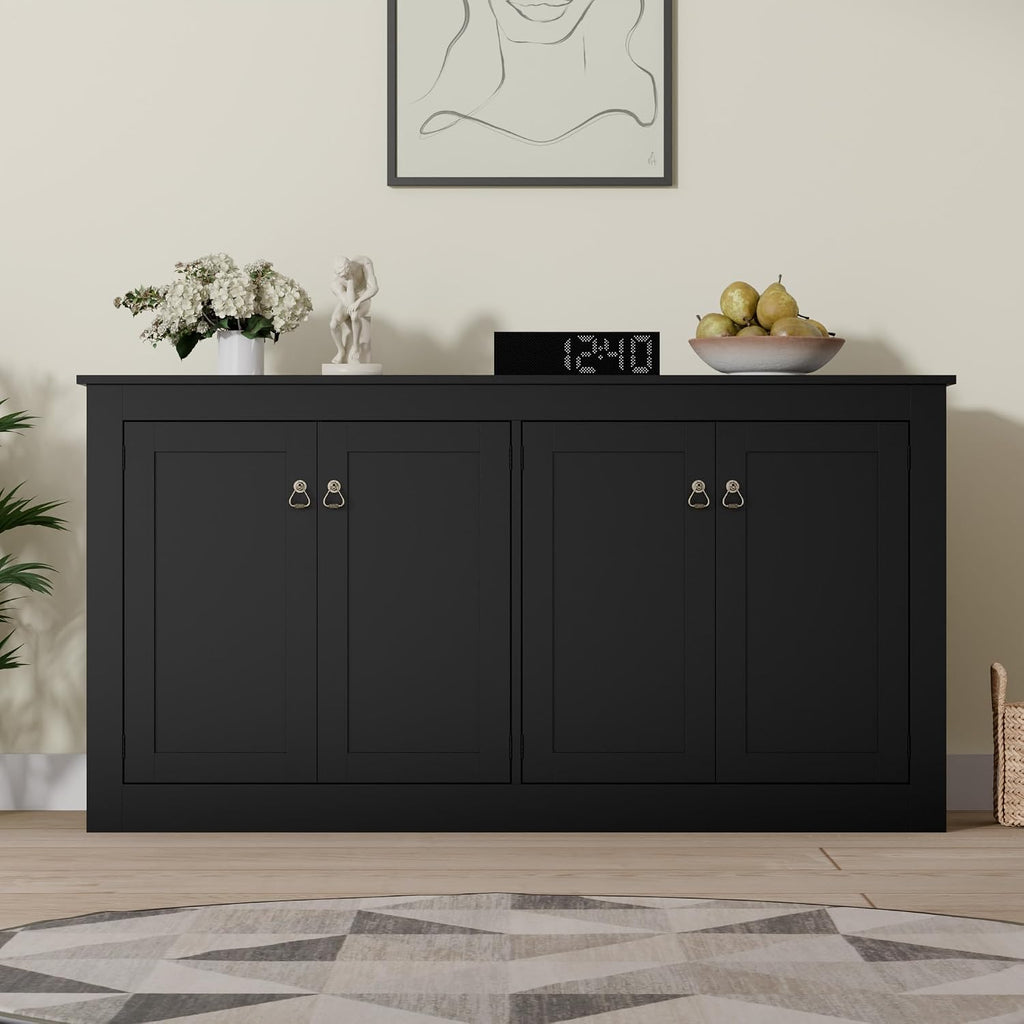 Cozy Castle Buffet Cabinet with Storage - Kitchen Storage Cabinet Wood Console Table Coffee Bar Accent Cabinets for Living Room Dining Room Entryway Black 57.5' W