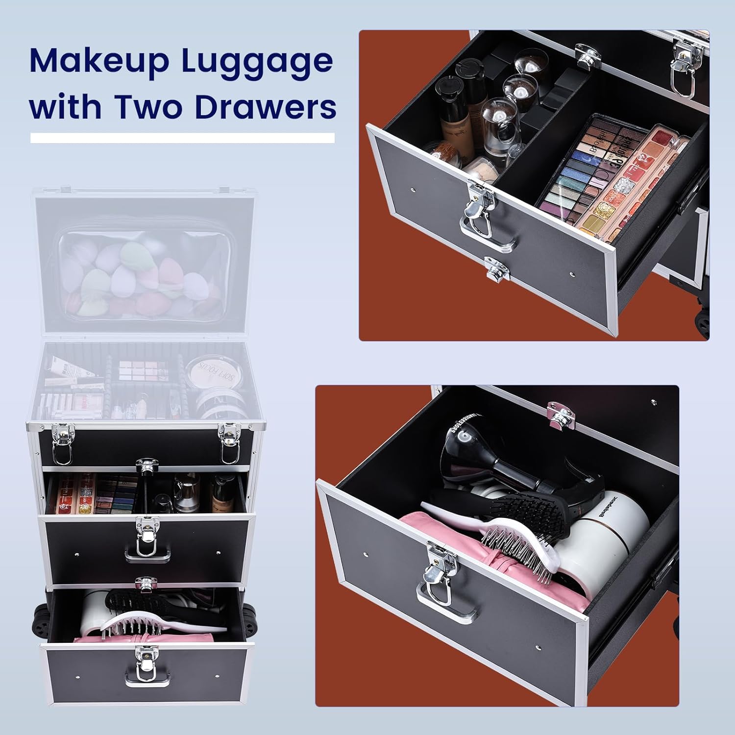 Professional Rolling Makeup Train Case with Drawers, Large Cosmetic Trolley with Locks, Cosmetics Storage Organizer Make up Case for Travel Makeup/Nail Art/Hair Styling, Matte Black