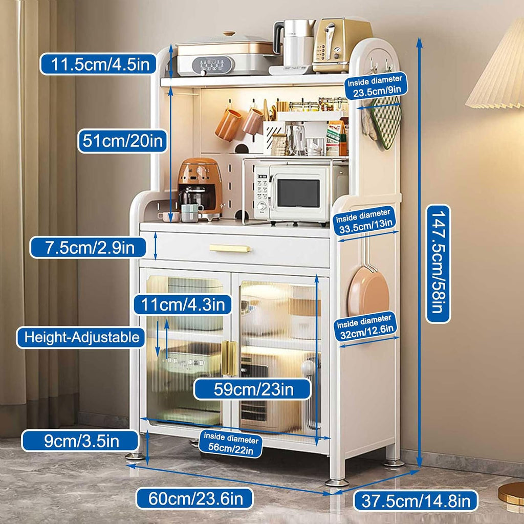 Generic White,147.5×60cm/58×23.6in, Kitchen Bakers Rack with Drawer, 5 Tier Microwave Stand, Kitchen Utility Storage Shelf with Adjustable Shelf, Kitchen Storage Cabinets, Free Standing Kitchen Shelf