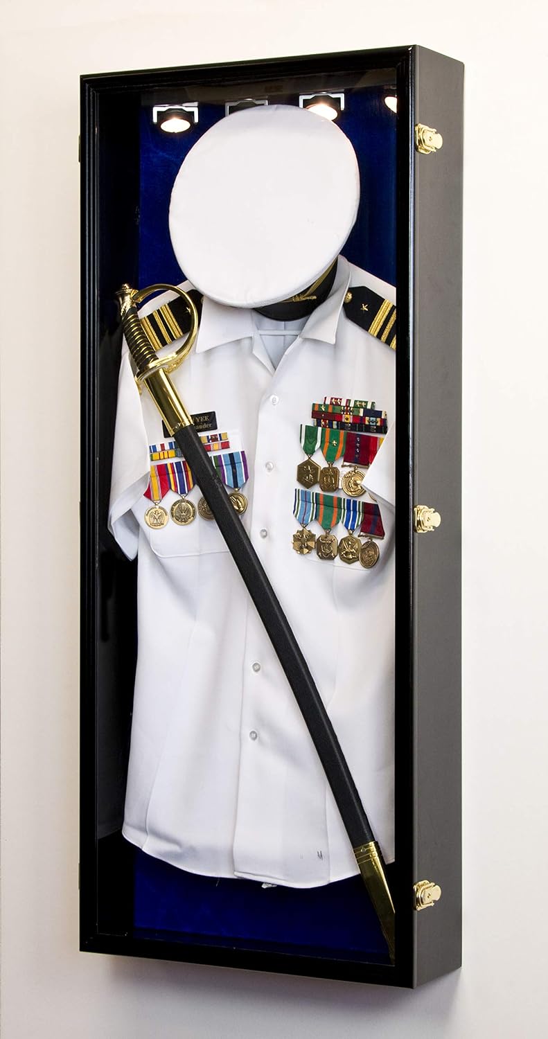 Military Shadow Box Display Case Uniform Cap Hat Sword Medals Cabinet Wall Frame - Lockable (Black Finish, Blue Felt Background)