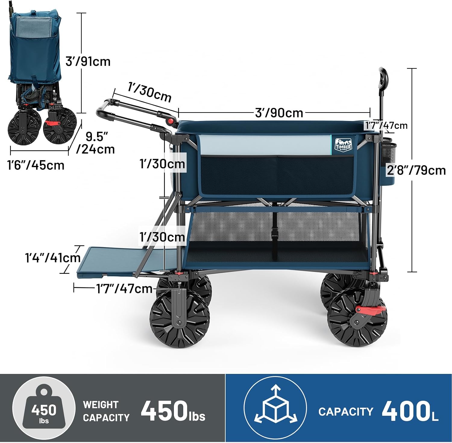TIMBER RIDGE Push & Pull Double Decker Wagon, 400L Large Capacity Heavy Duty & 450lb Load, Collapsible Cart with All-Terrain Wheels & Brakes, 54' Extended Foldable for Sports, Beach, Camping, Blue