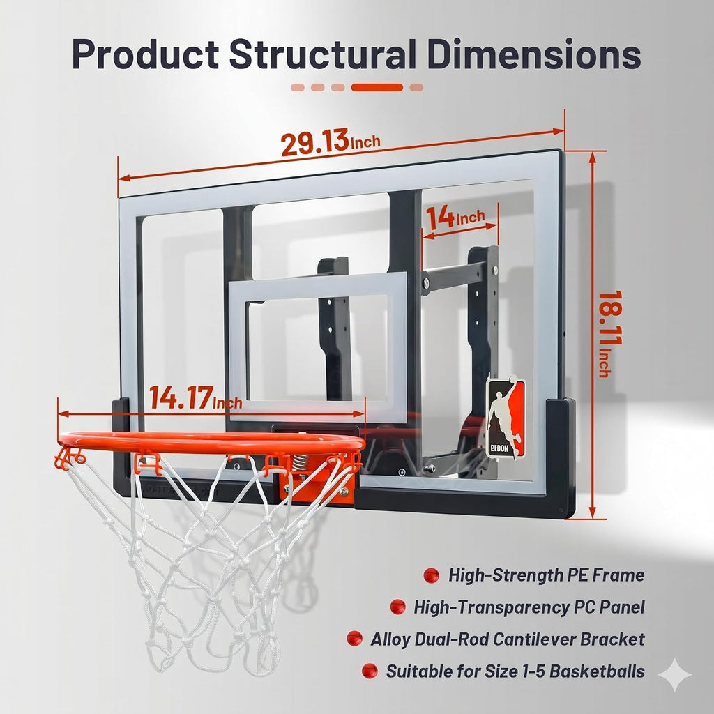 Efficraft Mini Basketball Hoop, Adjustable Indoor Wall Mount, Silent Ball | 7 Level Adjustable Height, Quiet&Bounce Dual Ball Set, Shatter Resistant pc Backboard, Spring Metal Rim, Metal Bracket