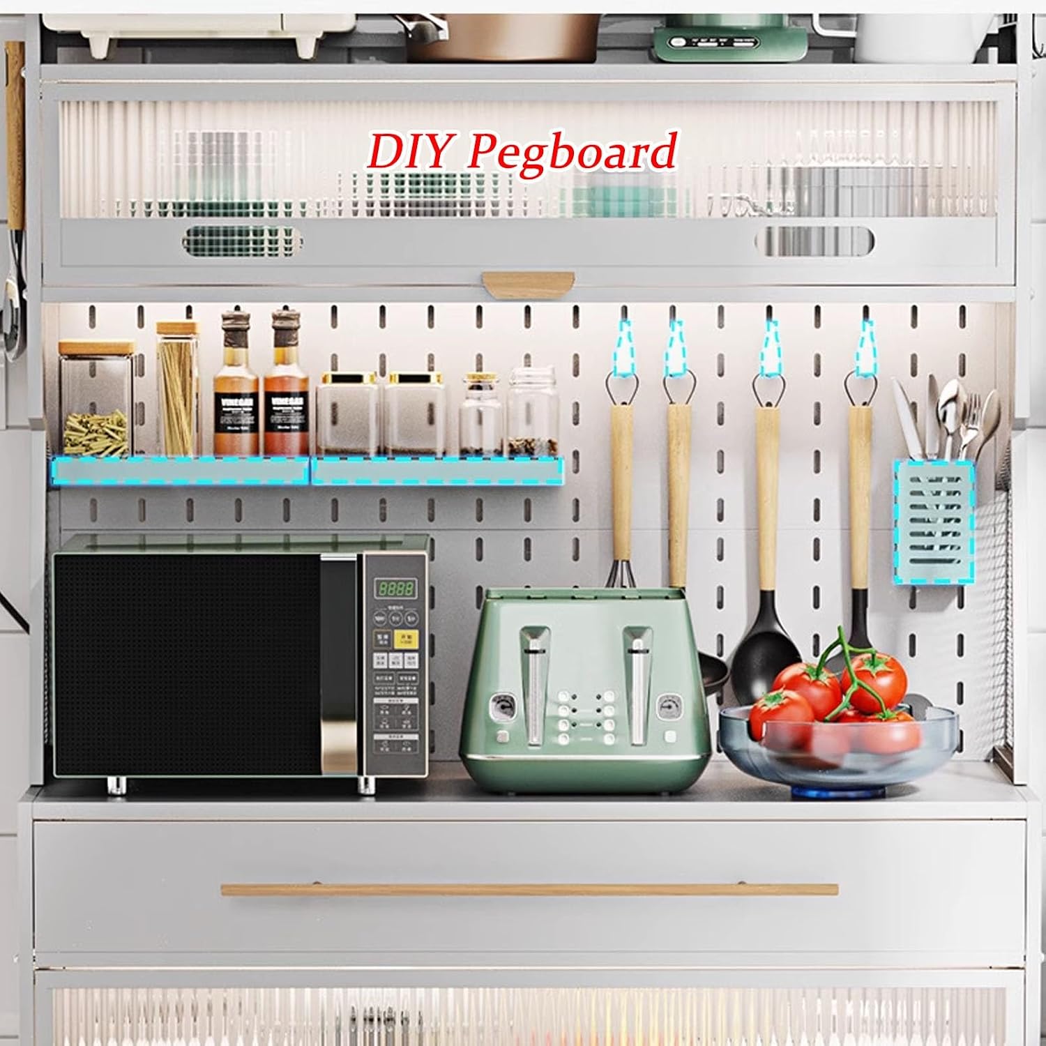 JKGHK 5-Tier Bakers Racks with Storage for Kitchens, Microwave Stand on Wheels with Flip Door Cabinets and Pegboard, Tall Kitchen Pantry Cabinet with Drawer for Home(White,100cm/39.3in)