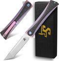 Sitivien ST994 Folding Knife, Handmade M390 Brushed Steel Blade Titanium Carbon Fiber Handle with Ball Bearing for Outdoor Camping Hiking Survival (Pink)