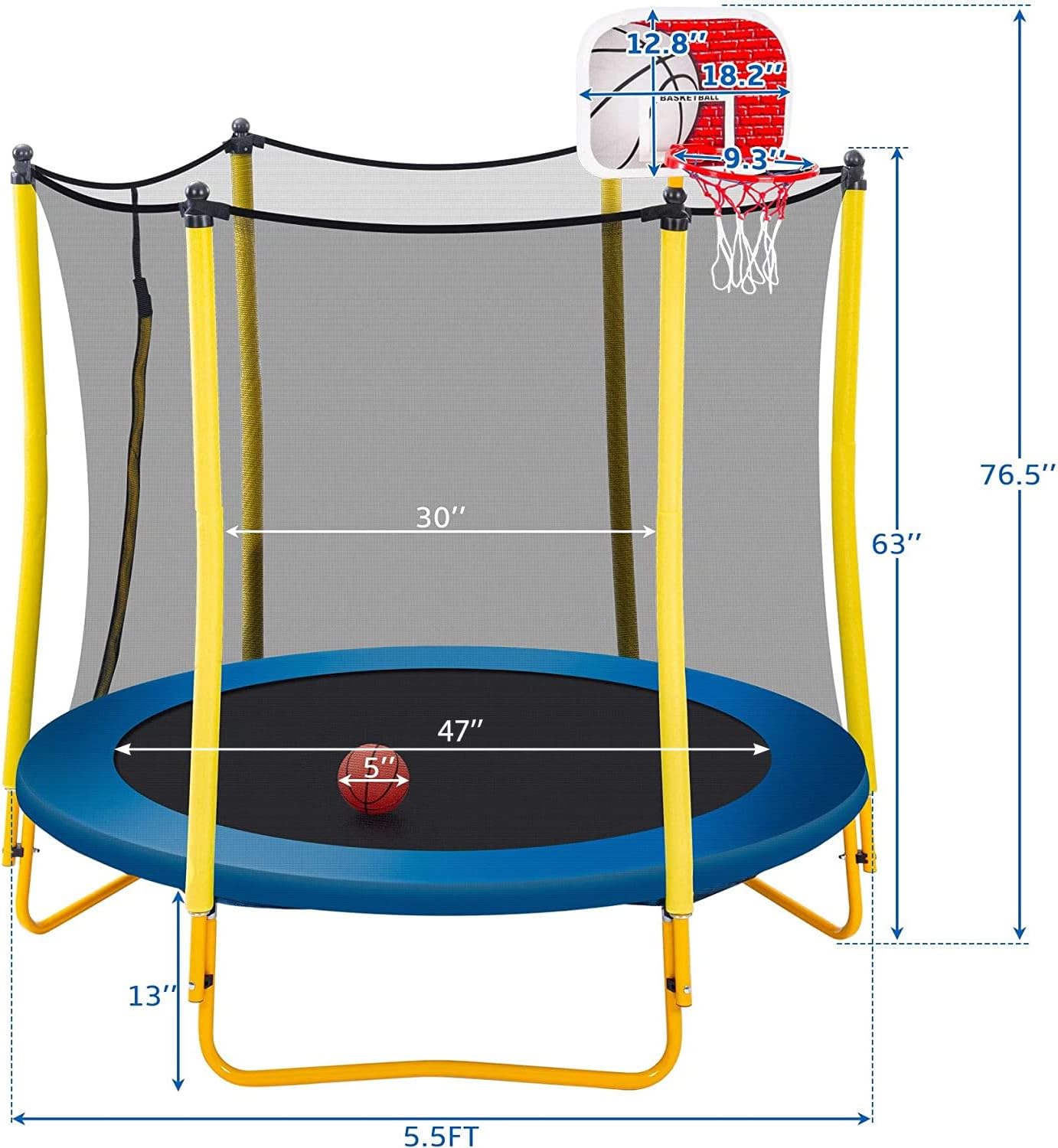 Merax 66'' Trampoline for Kids with Basketball Hoop, Rubber Ball and Enclosure Net