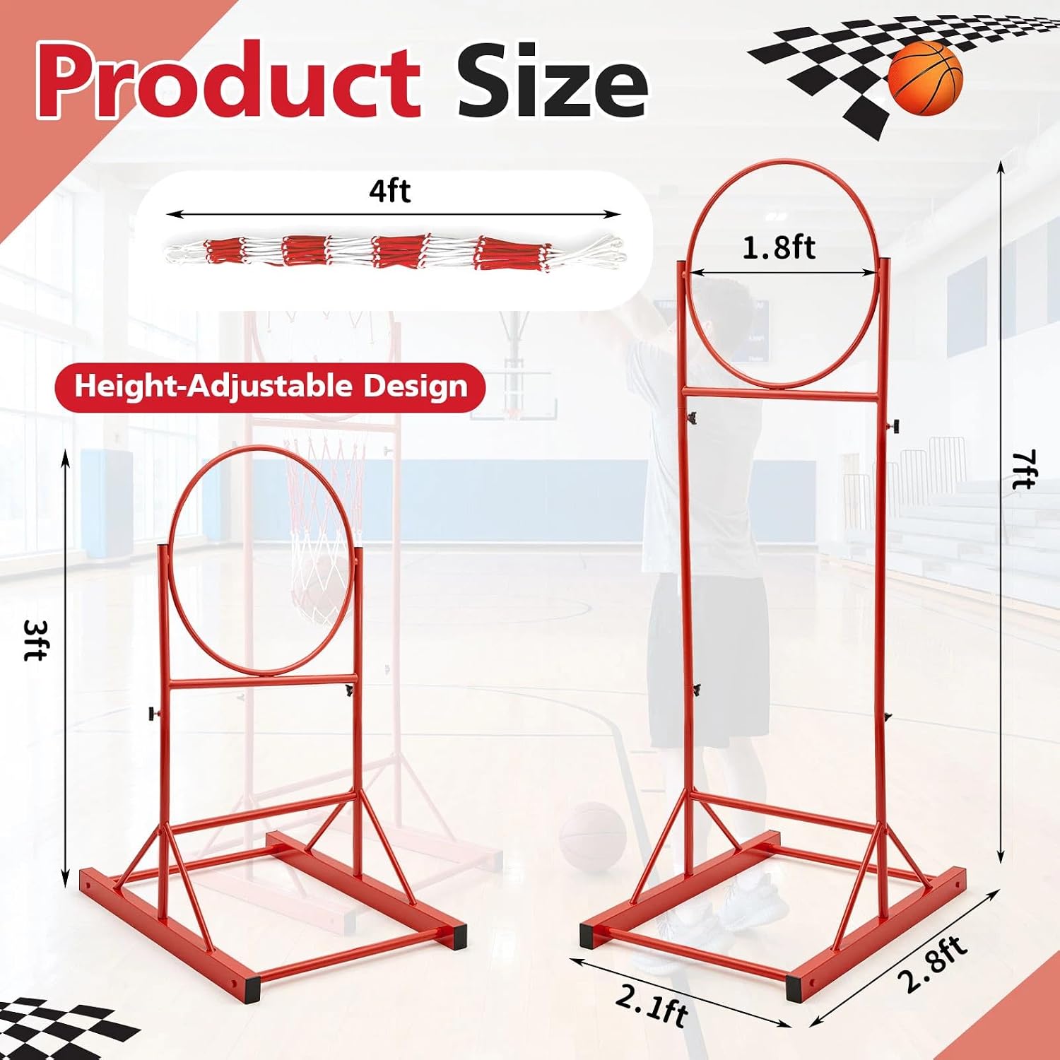 Halloscume Basketball Passing Trainer, Adjustable Height Portable Basketball Training Hoop with Net, 7-8 ft Pass Training Rack for Coaches, Indoor Outdoor Practice Equipment
