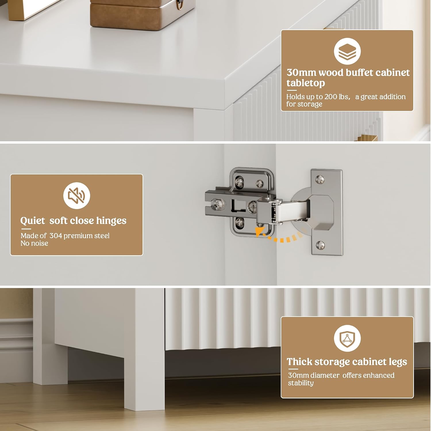 Lulive White Fluted Storage Cabinet with Drawers Buffet Sideboard Cabinet with Adjustable Shelves for Kitchen Living Room, Kitchen, Entryway