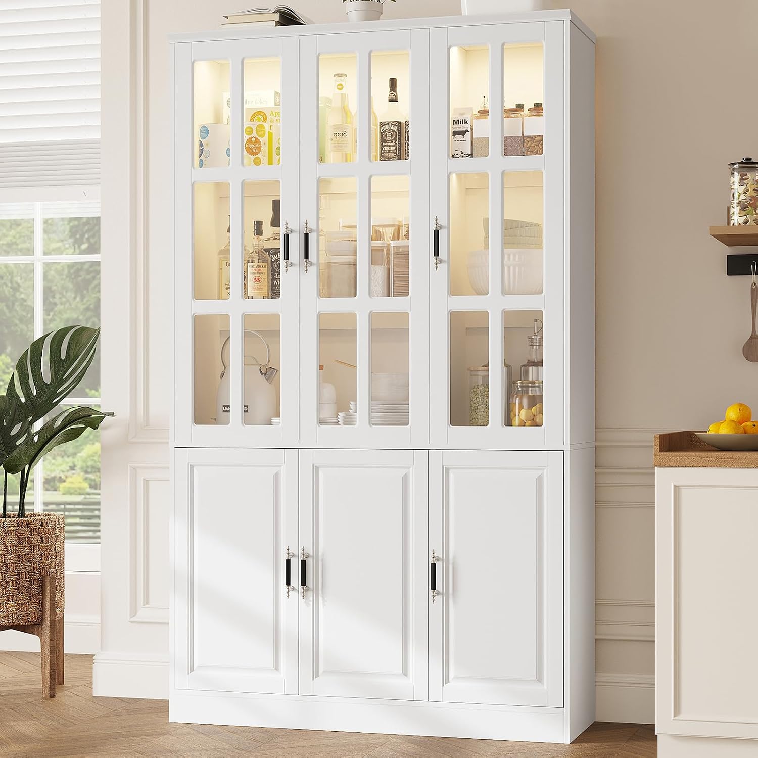 MEISSALIVVE 78.7' Kitchen Pantry Storage Cabinet with LED Lights, Tall Pantry Cabinet with Glass Doors, Kitchen Hutch Utility Pantry, White (47.2' W x 15.7' D)