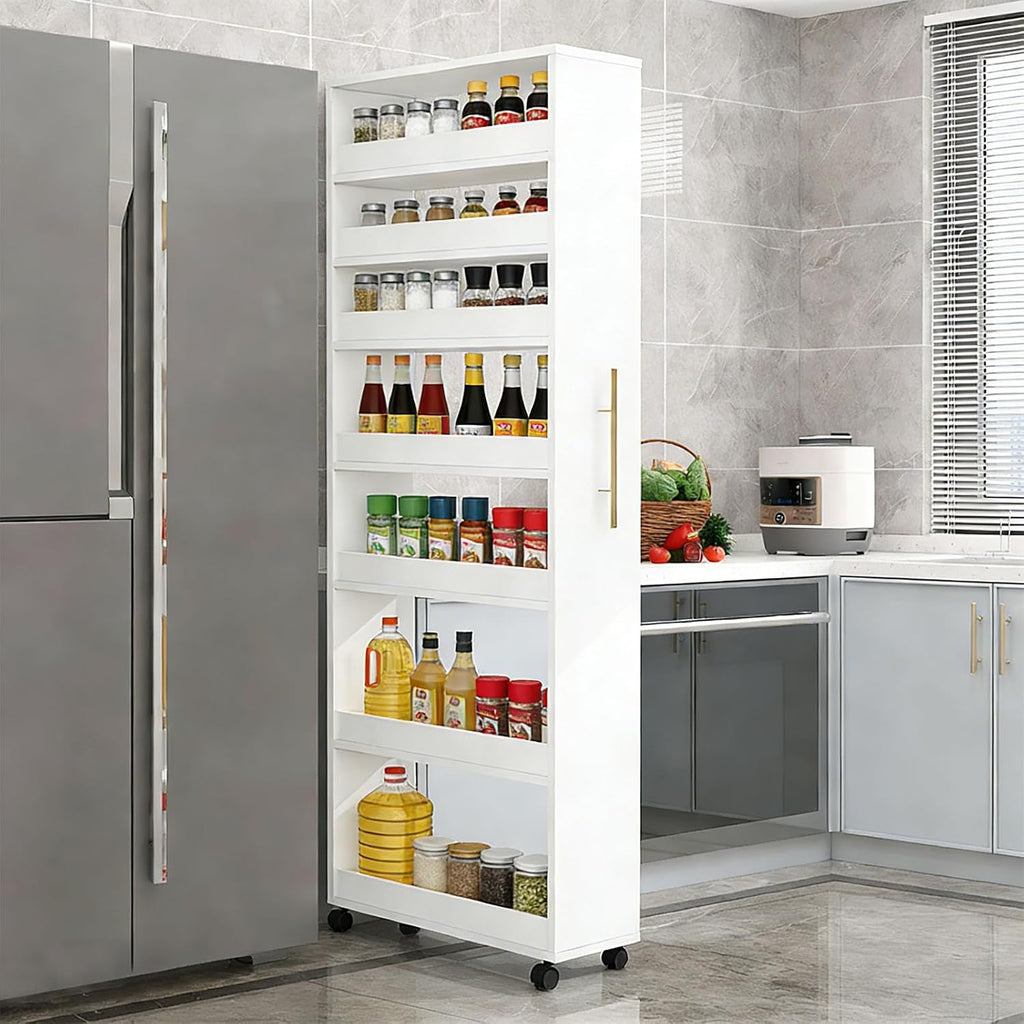 7-Tier Slim Storage Cart, Wooden Rolling Pantry Cabinet with Wheels, Narrow Shelf Organizer for Kitchen, Bakers Rack, Dining Room, Closet,White,D19.7 xW7.9 xH73.2
