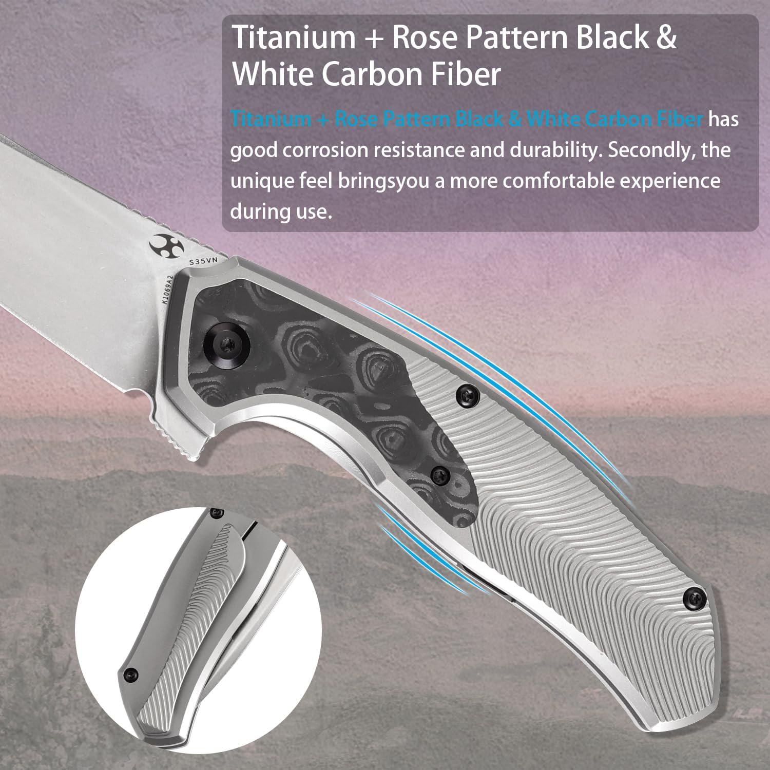 KANSEPT HAVØRN Pocket Folding Knives Camping Hiking Folding Knife 3.48'' Stonewashed CPM S35VN Blade Pocke Knife with Titanium Rose Pattern Carbon Fiber Handle Everyday Carry K1069A2